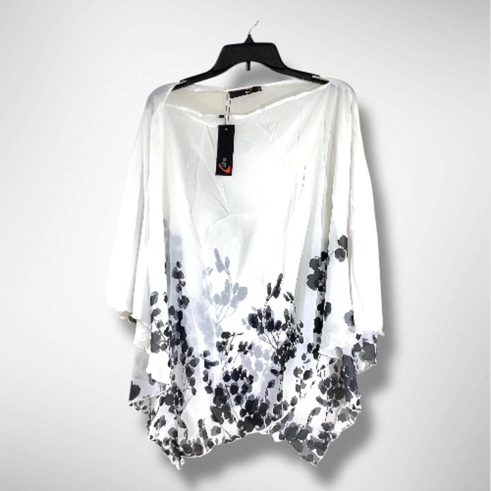 NWT DJT Floral Printed Chiffon Caftan Poncho Cover Up Tunic Tops, One Size